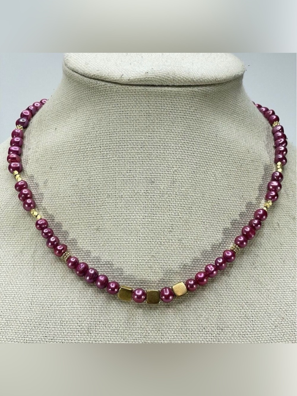 Pink Freshwater Pearl Beaded Gold Tone Necklace Boho Hook Closure Statement